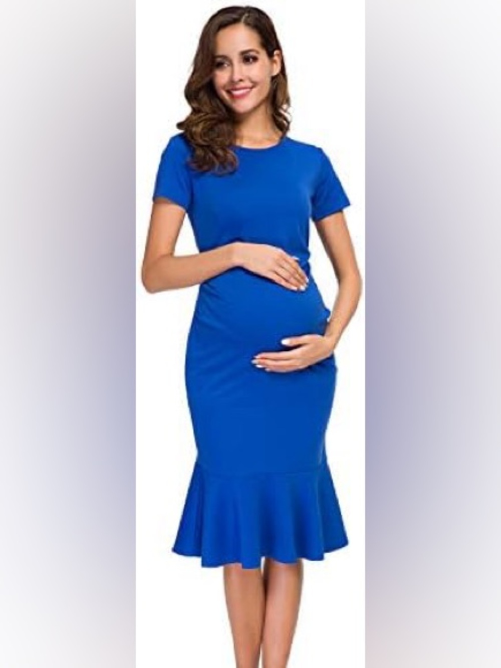 Women’s Maternity Dress Bodycon Ruched Belly Short Sleeve Midi Blue Size Small